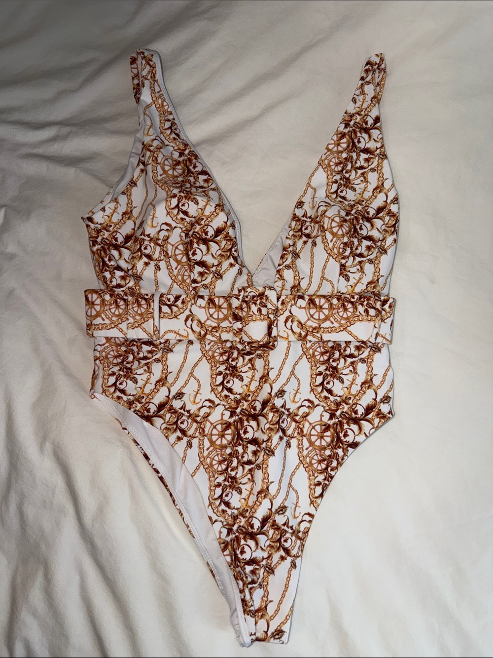 Meshki White One-Piece Swimsuit with Brown Chain Print